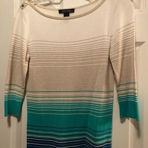 White House Black Market Cream and Teal Striped Sweater